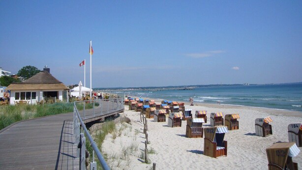 A beach with rows of numbered beach chairs and a wooden boardwalk leading to a building with a thatched roof. - Ter/315 - Terrassenhuegel - Seeblick (Scharbeutz)