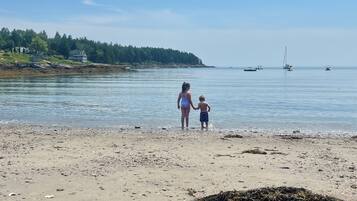 Une plage avec un rivage sablonneux, une mer calme et quelques bateaux visibles au loin.