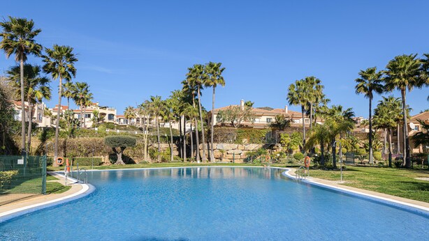 A large, clear swimming pool surrounded by palm trees and a well-maintained lawn. - VILLA RIVIERA - Luxury villa with private pool in a fabulous urbanization on the Costa del (Mijas)
