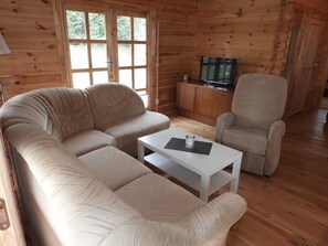 Televisión, chimenea y estéreo 