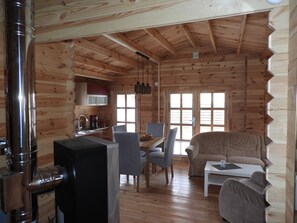 Televisión, chimenea y estéreo 