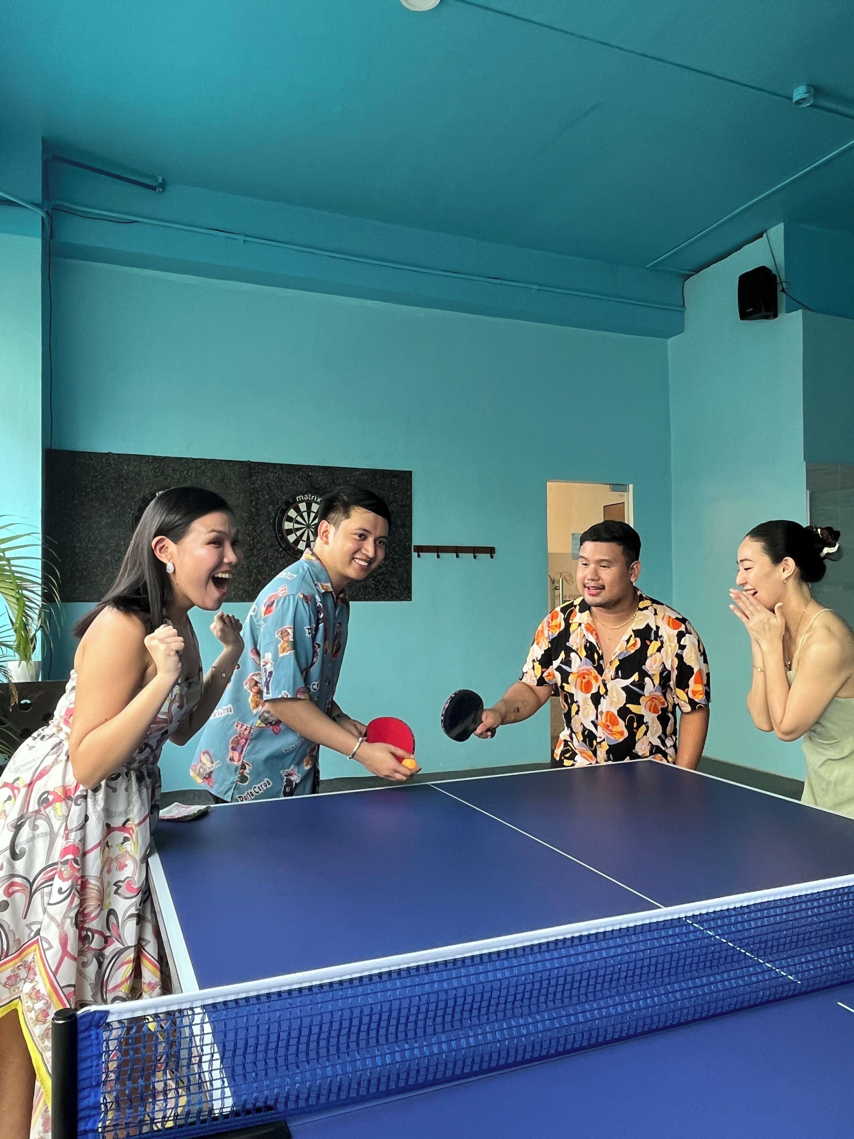 A room with a ping pong table, a dartboard, and a potted plant.