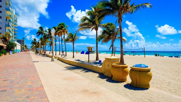 A beach with palm trees, a volleyball net, and a lifeguard tower. - 5 Min walking to the beach Luxury pool and Jacuzzi (Hollywood)
