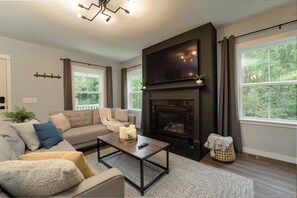 Smart TV, fireplace, books