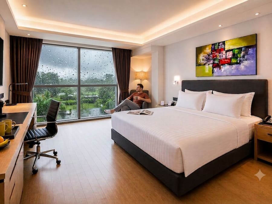 Habitación de hotel con cama, escritorio, silla y un amplio ventanal.