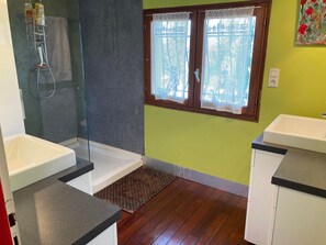 Chuveiro, secador de cabelo, toalhas de banho, papel higiênico
