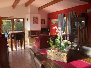 Télévision, lecteur de DVD, livres, chaîne hi-fi