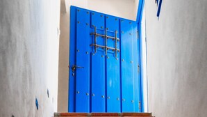Una scala che conduce a una porta blu con cancello in metallo, piastrelle decorate alla base e un muro spoglio.