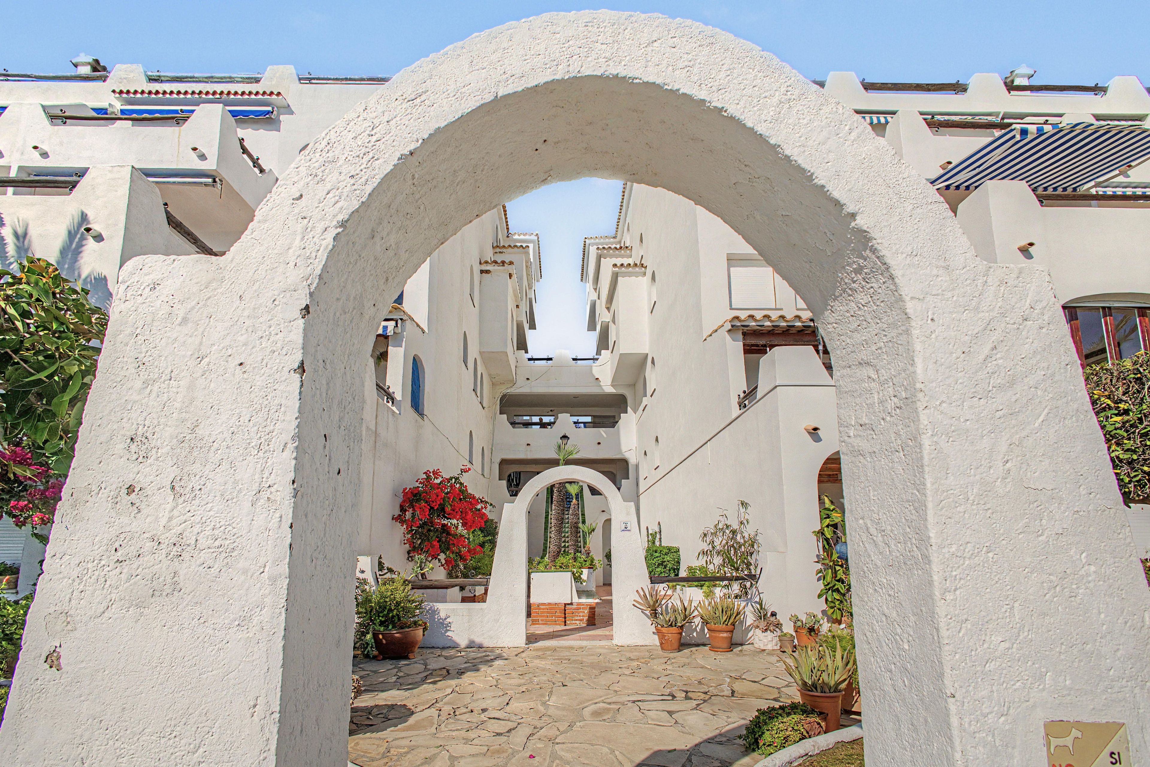 Un patio con un arco central, plantas en macetas y suelo de baldosas.