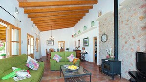 A cozy living room with a green sofa, a coffee table, a fireplace, and a television. - Finca Villa Burgues with Mountain View, Pool, Garden, Terrace & Wi-Fi (Alcudia)