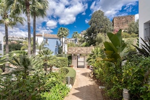 Un patio con camino empedrado, palmeras y un pequeño edificio con techo de tejas.