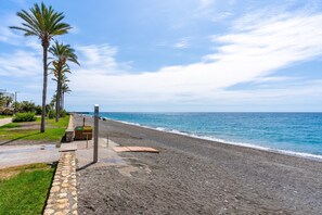 Une plage avec un sentier en pierre, des palmiers et un banc en bois.