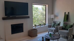 Un salon doté d’un téléviseur à écran plat, d’une cheminée, d’un canapé et d’une fenêtre donnant sur un paysage verdoyant.