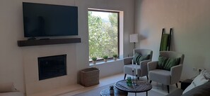 Una televisión, una chimenea, un reproductor de DVD