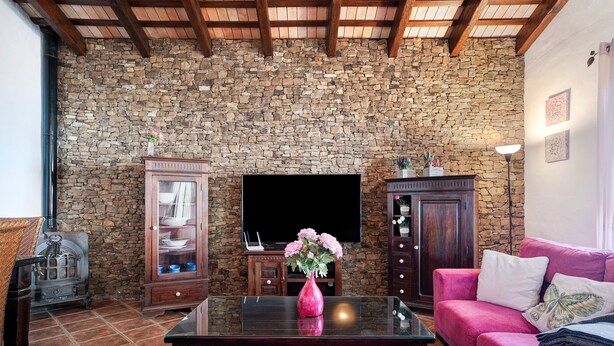 A living room with a stone wall, a flat-screen TV, a wooden cabinet, a pink sofa, and a table with a vase. - Villa Elsa with Pool, Garden, Terrace & Wi-Fi (Conil de la Frontera)