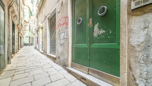 A narrow cobblestone street with a green door and a window on the right side. - GuestHost - Comfortable 40 sqm apartment perfect for 4 guests is located in the heart of the most authentic Genoese historic center, a few steps from Piazza delle Vigne and the church of the same name with the beautiful bell tower that stands out over th (Genova)