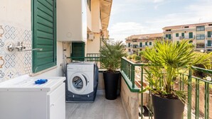 A balcony with a washing machine, a potted plant, and a tiled wall with geometric patterns.