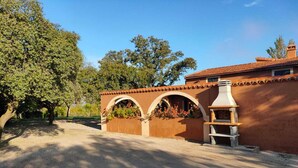 A rustic outdoor area with a brick barbecue grill, a pergola with flowers, and a large tree providing shade.