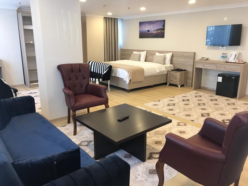 A hotel room with a bed, a desk, a chair, a sofa, and a television.