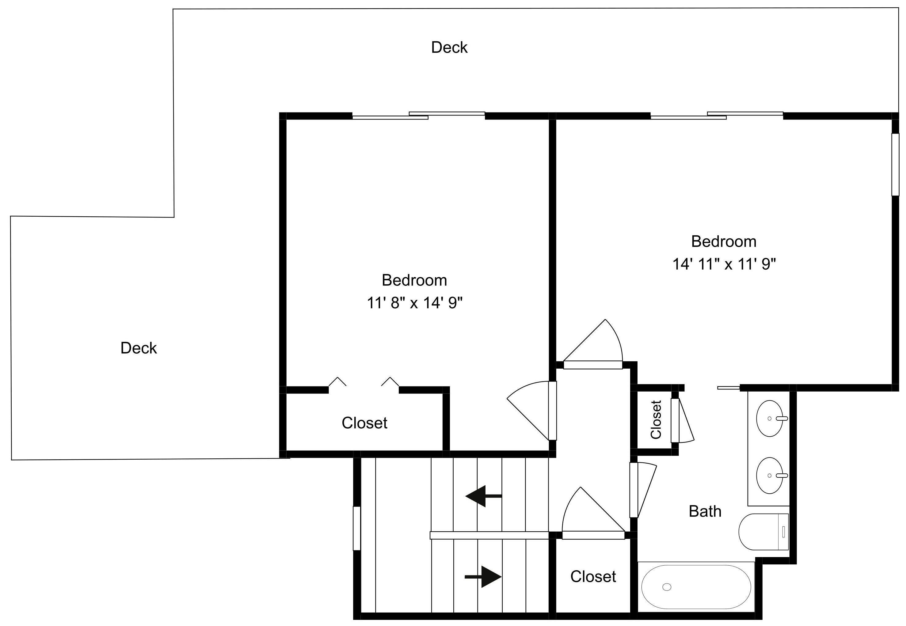 A floor plan with two bedrooms, a deck, and a bath.