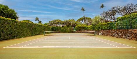 An outdoor tennis court with a stone wall and greenery on one side.