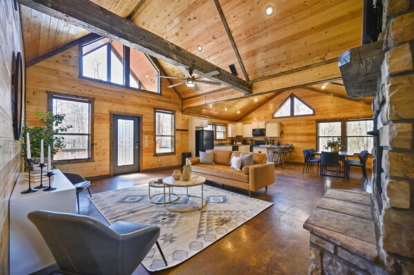 Smart TV, fireplace, foosball