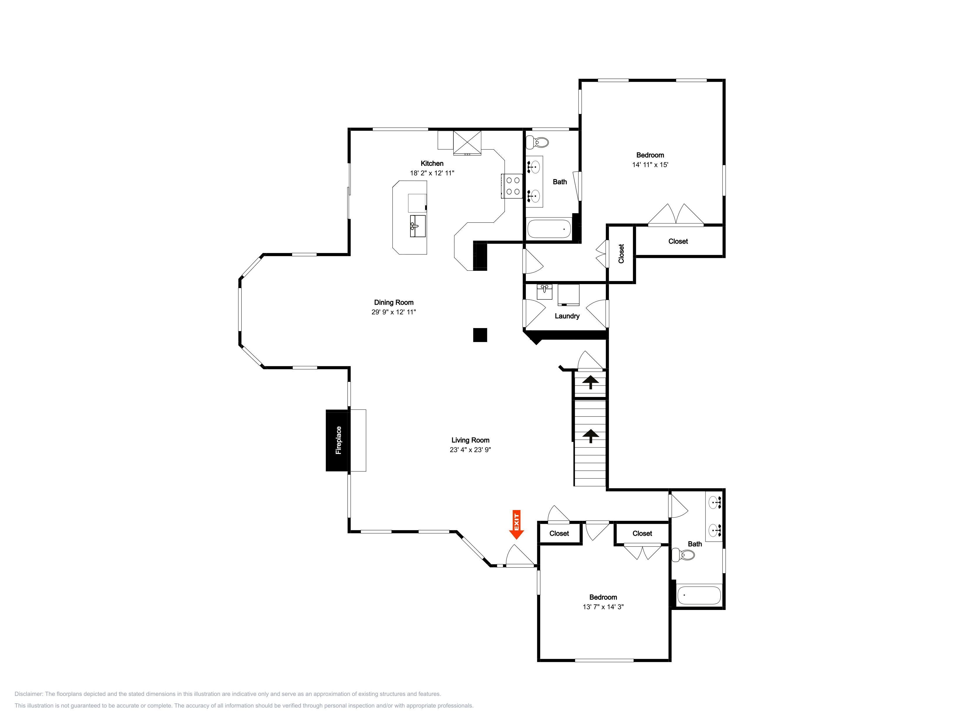 A floor plan with a kitchen, dining room, living room, two bedrooms, a bathroom, and a fireplace.