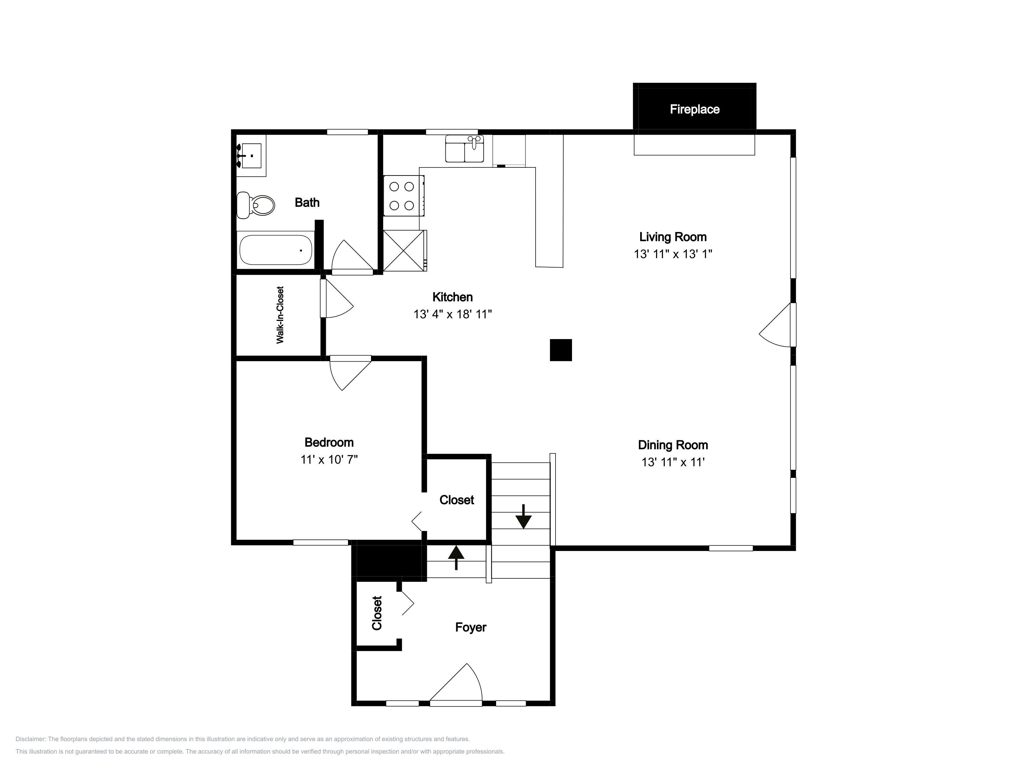 A floor plan with a living room, dining room, kitchen, bathroom, bedroom, and foyer.