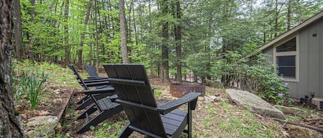 A forested area with a small cabin and two Adirondack chairs.