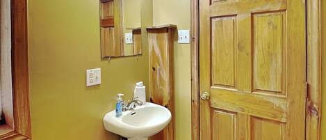 A bathroom with a wooden door, a white sink, and a mirror.