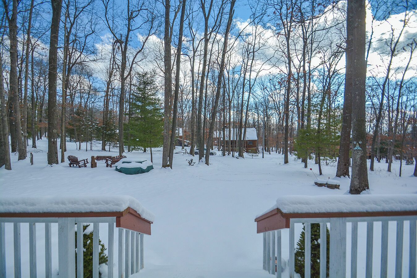 Un sentier enneigé à travers la forêt, menant à un chalet doté d’une terrasse.