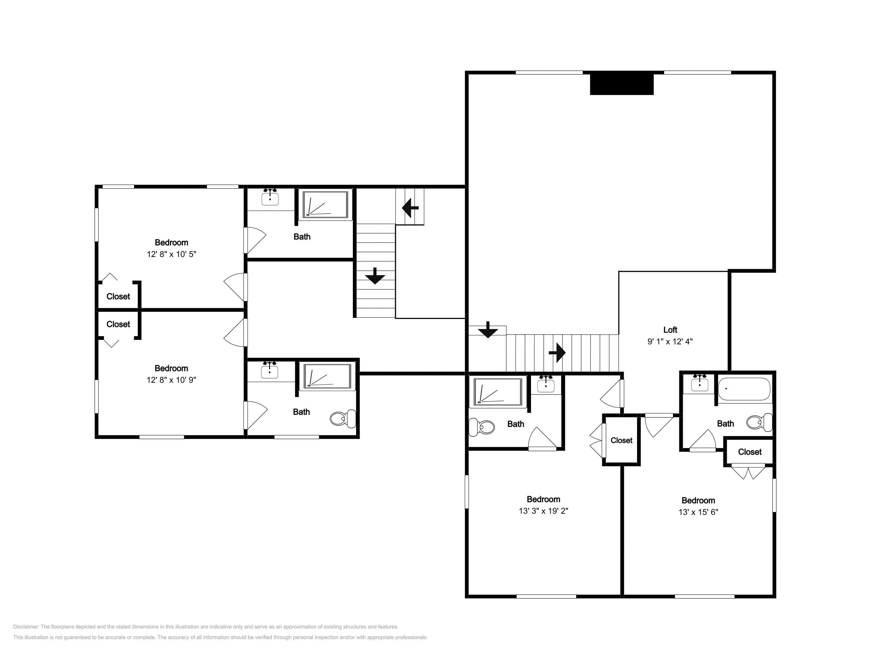 A floor plan with multiple bedrooms, two bathrooms, and closets.