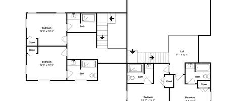 A floor plan with multiple bedrooms, two bathrooms, and closets.