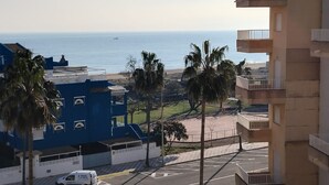 Udsigt over kysten med en bygning, palmer og en vej.