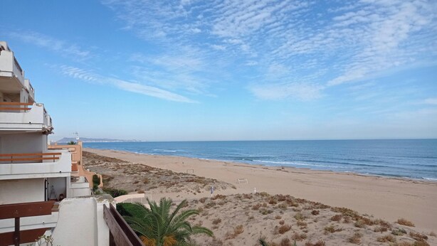 A coastal view with a beach, a building with balconies, and a clear sky.