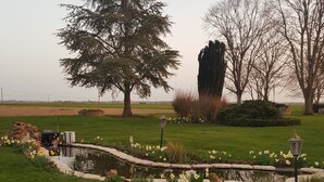 A garden with a pond, stone pathway, and various plants. - In the countryside for Prof et Voyageur (Moncontour)