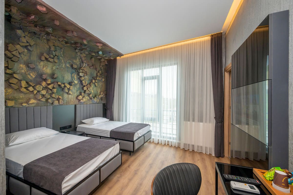 Habitación de hotel con dos camas, un espejo grande, un televisor y un escritorio con una silla.
