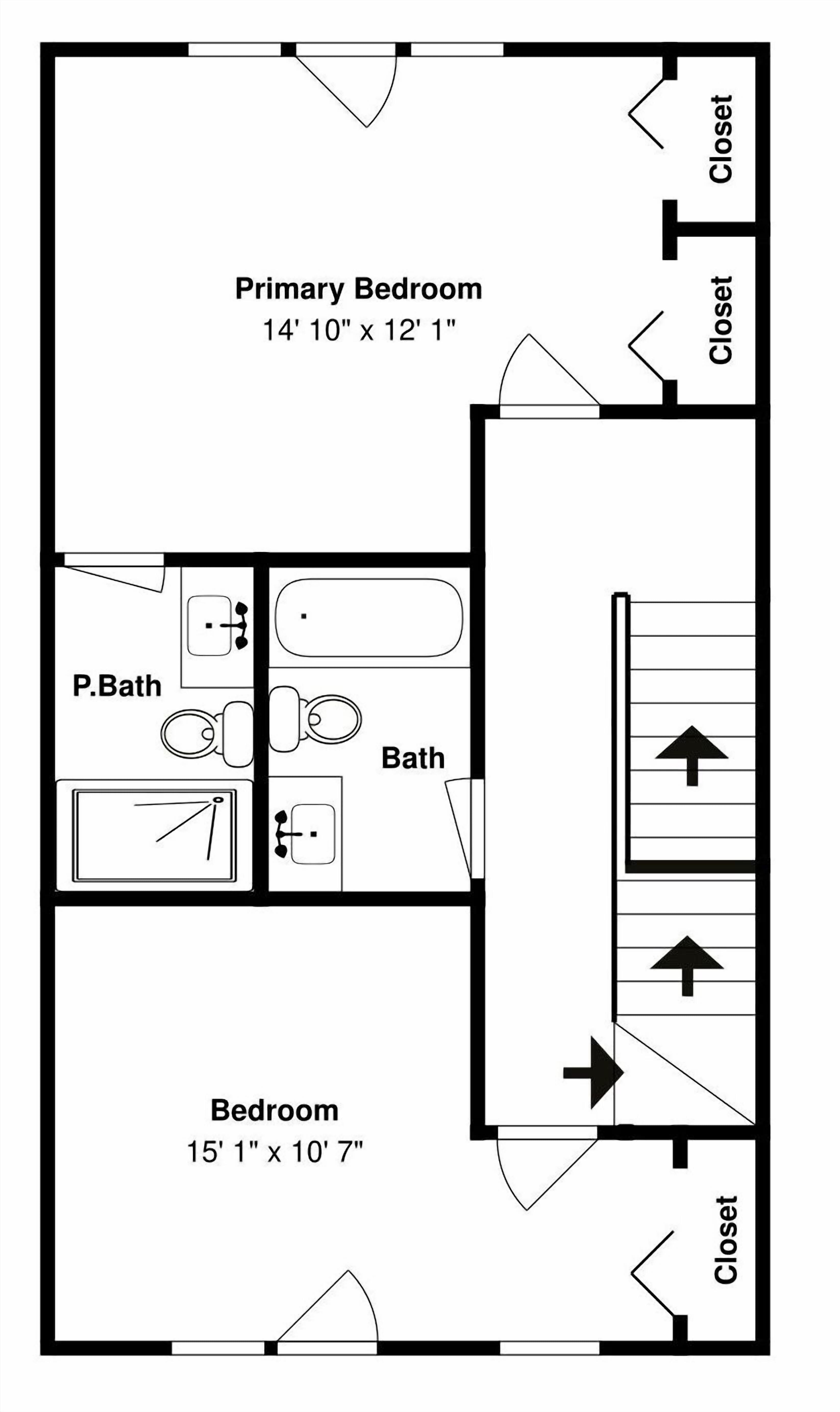 A floor plan with a primary bedroom measuring 14' 10' x 12' 1', a bathroom, a bedroom measuring 15' 1' x 10' 7', and closets.