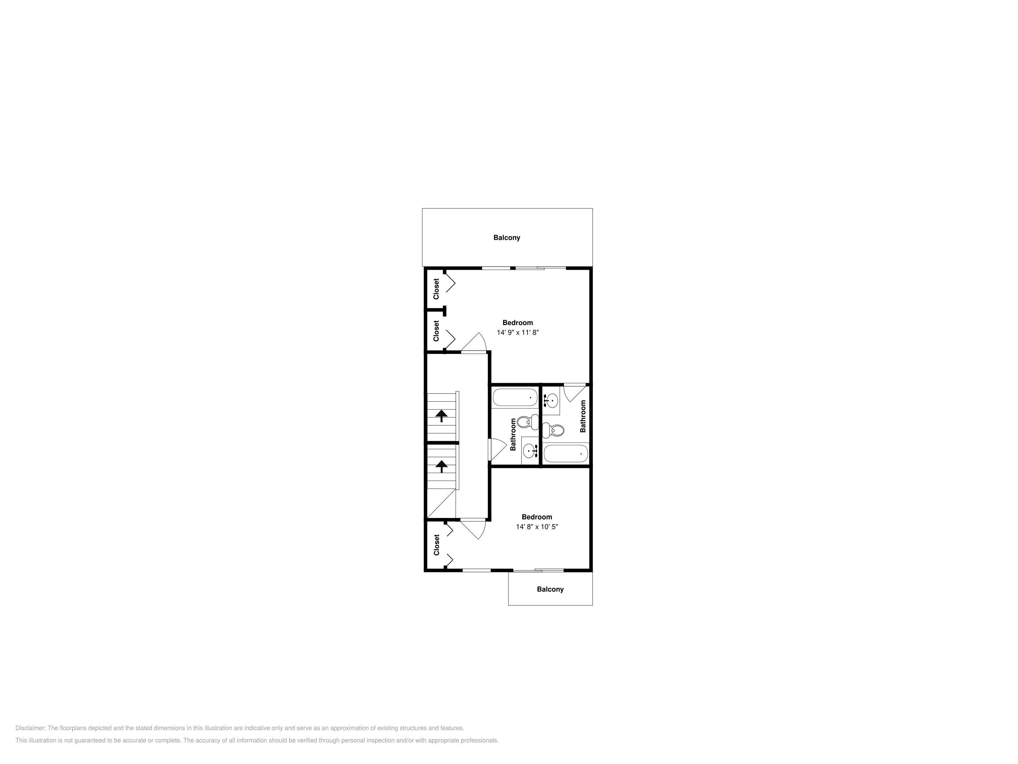 A floor plan of a property with a balcony, two bedrooms, a bathroom, and closets.