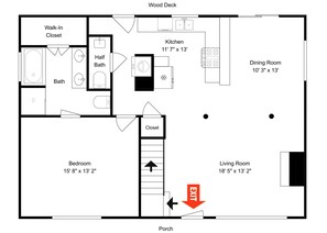 A floor plan with a wood deck, walk-in closet, half bath, kitchen, dining room, bathroom, bedroom, living room, and porch. - Donovan's Dacha by Taylor Made Deep Creek (McHenry)