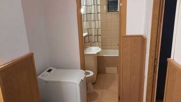 Combined shower/bathtub, towels
