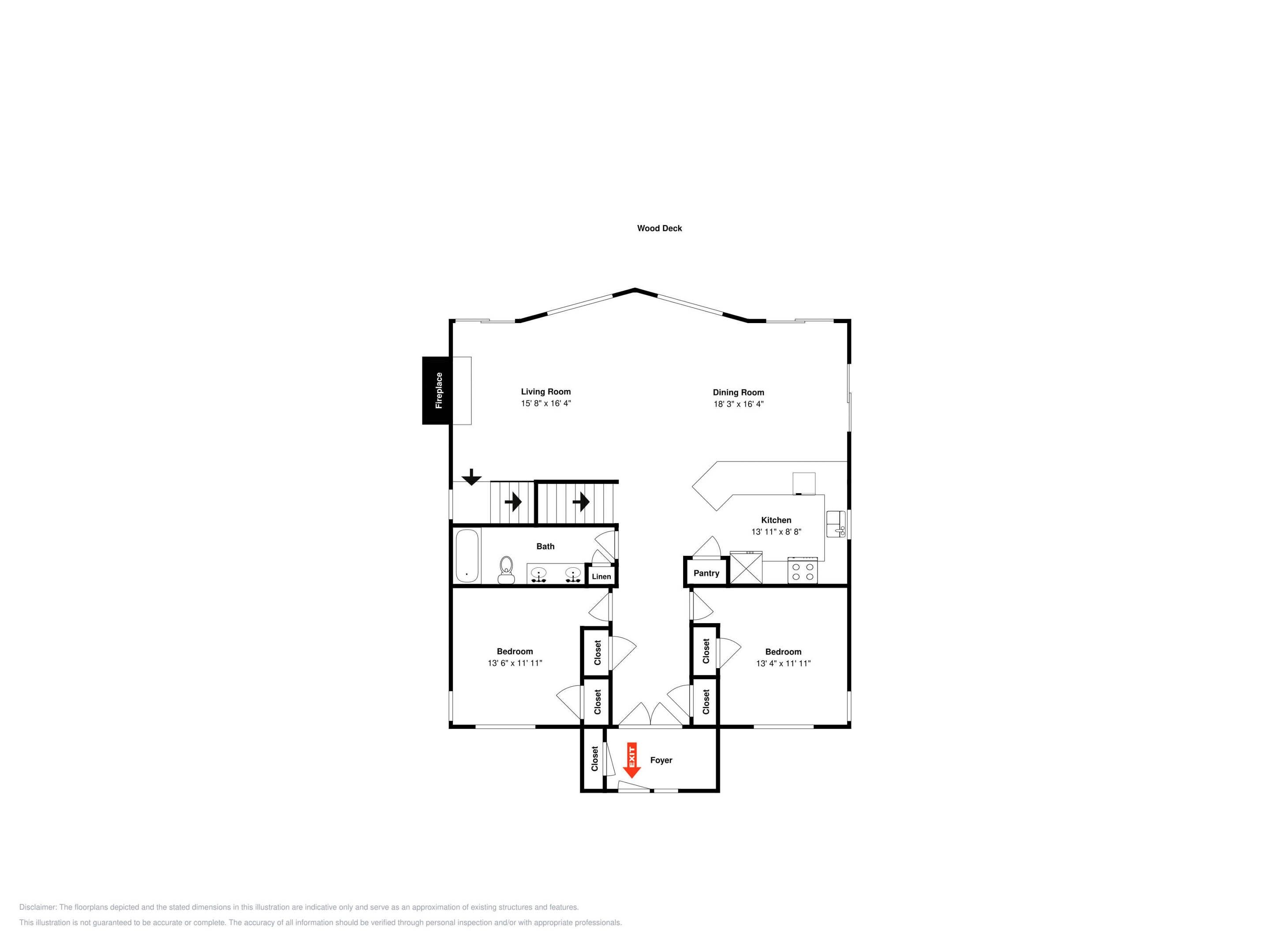 Plano de planta que muestra una sala de estar, comedor, cocina, dos dormitorios, un baño y un vestíbulo.