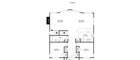Plano de planta que muestra una sala de estar, comedor, cocina, dos dormitorios, un baño y un vestíbulo.