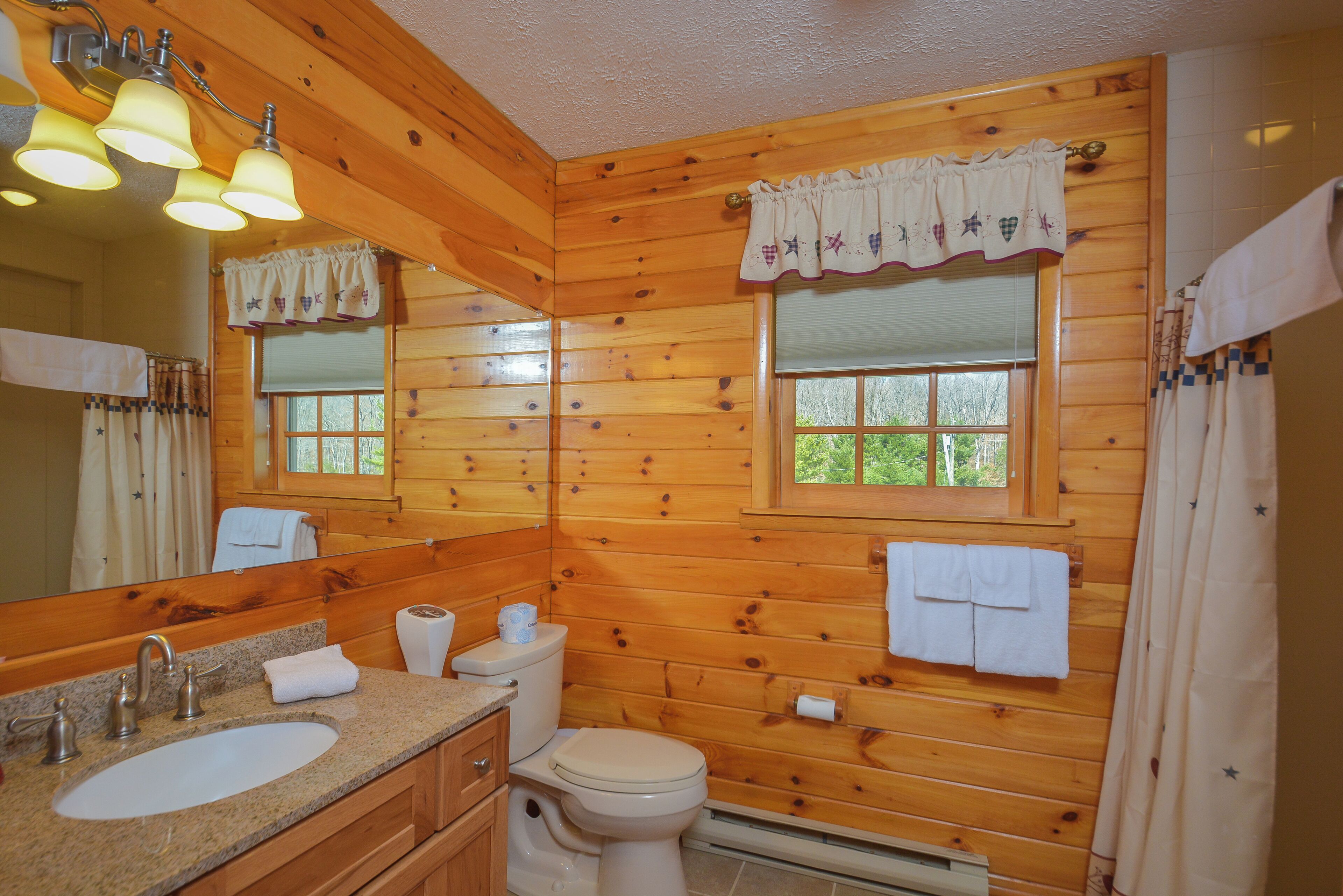 A wooden cabin bathroom with a sink, toilet, and window.