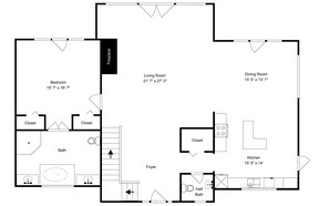 A floor plan of a hotel with a bedroom, living room, dining room, kitchen, two closets, a bathroom, and a foyer. - Friday's Escape by Taylor Made Deep Creek (McHenry)