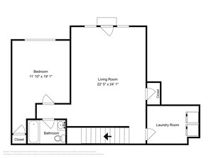 Plano de planta que muestra un dormitorio, sala de estar, baño, armario y cuarto de lavado.