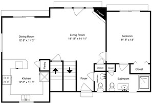 Grundriss eines Hauses mit Esszimmer, Küche, Wohnzimmer, Schlafzimmer und Badezimmer.