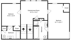 Grundriss eines Hotelzimmers mit einem Schlafzimmer (3,20 m x 3,90 m), einem Wohnbereich (4,60 m x 4,00 m), einem zweiten Schlafzimmer (3,70 m x 6,10 m), einem Badezimmer und zwei Abstellkammern.