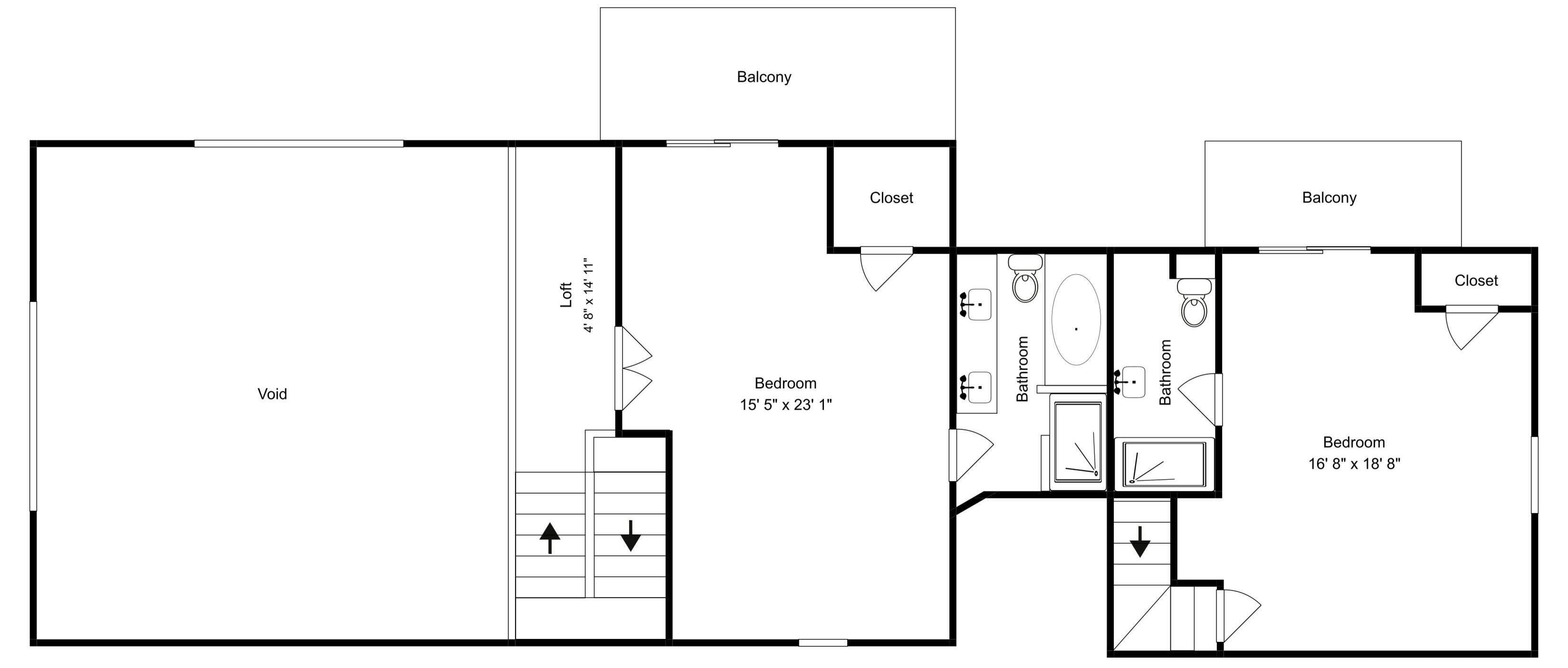 Un plan d’étage comprenant deux chambres, deux salles de bain, une mezzanine et un balcon.