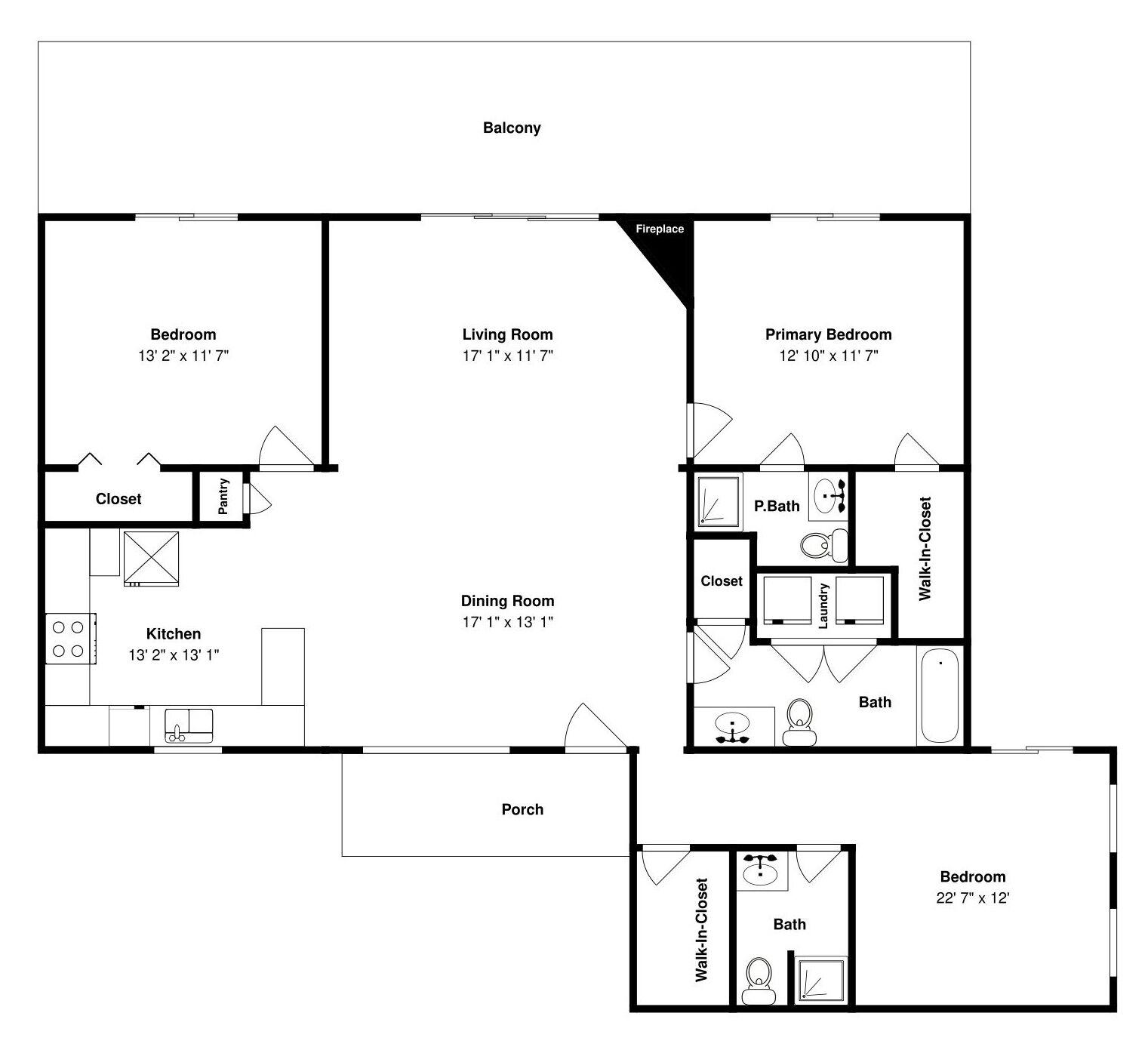Un plan d’étage comprenant un balcon, une chambre, un salon, une salle à manger, une cuisine et une salle de bain.